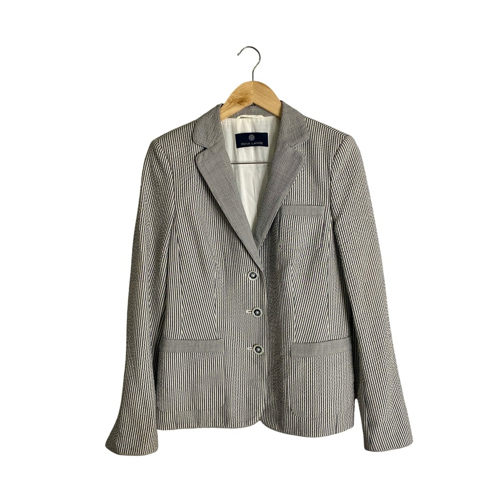 Rena Lange Silk Virgin Wool Seersucker Blazer Jacket Stripe SZ 10 Luxury